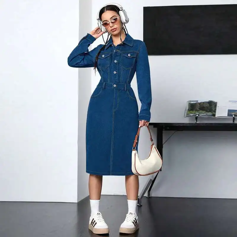 

218520 Plus Size Women's Denim Collar Long Sleeved Button Up Mid Length Dress Sexy Dress 2025 Party Summer Elegantes Casual Y2k