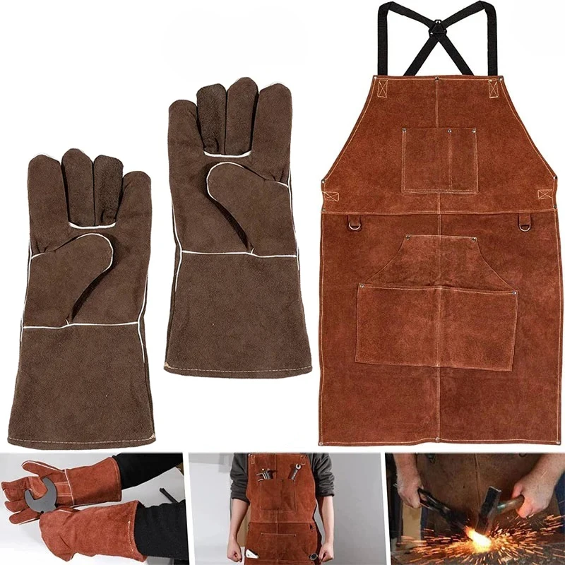 

TML Welding Gloves + 24" X 36" Leather Work Shop Welding Apron - Heat, Flame & Wear Resistant, Many Other Work & Home Tasks