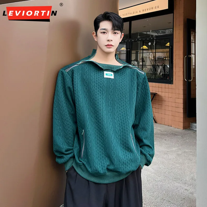 Autumn Men Pullovers Knitted Solid Color Turtleneck Long Sleeve Streetwear Double Zipper Fashion Loose Casual Men Sweatshirts