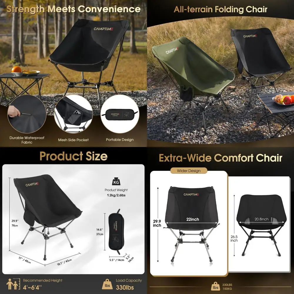 

Spacious Lightweight Camping Chair, Compact, 330lbs Capacity, Ideal for Backpacking & Hiking, Black