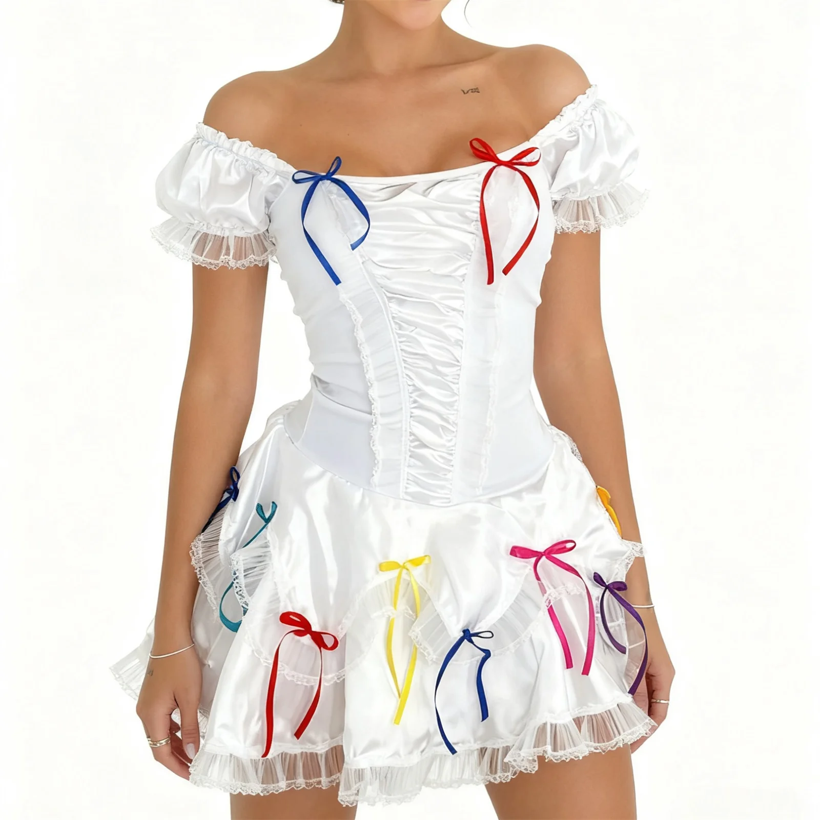 

Рождественское женское платье с открытыми плечами, мини-платье с короткими рукавами и рюшами и разноцветными бантами для вечеринки, клуба, косплея