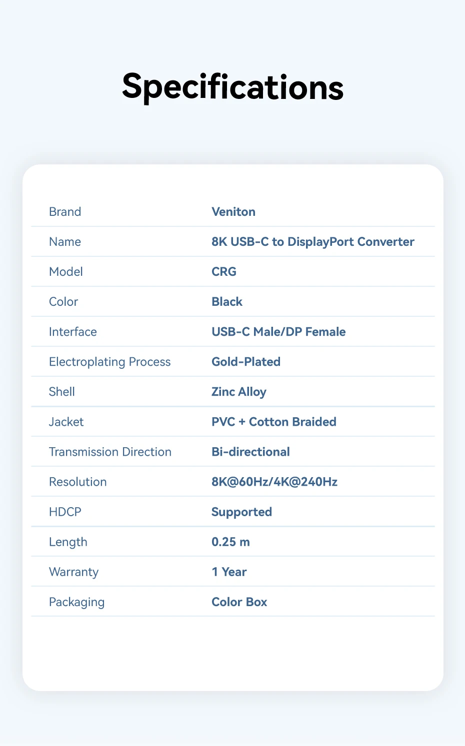 Vention 8K USB C auf DisplayPort-Kabel, USB-Typ-C-Stecker auf DP-Buchse, Adapter für Telefon, Tablet, Laptop, Monitor, bidirektionales USB-C – Detail 12