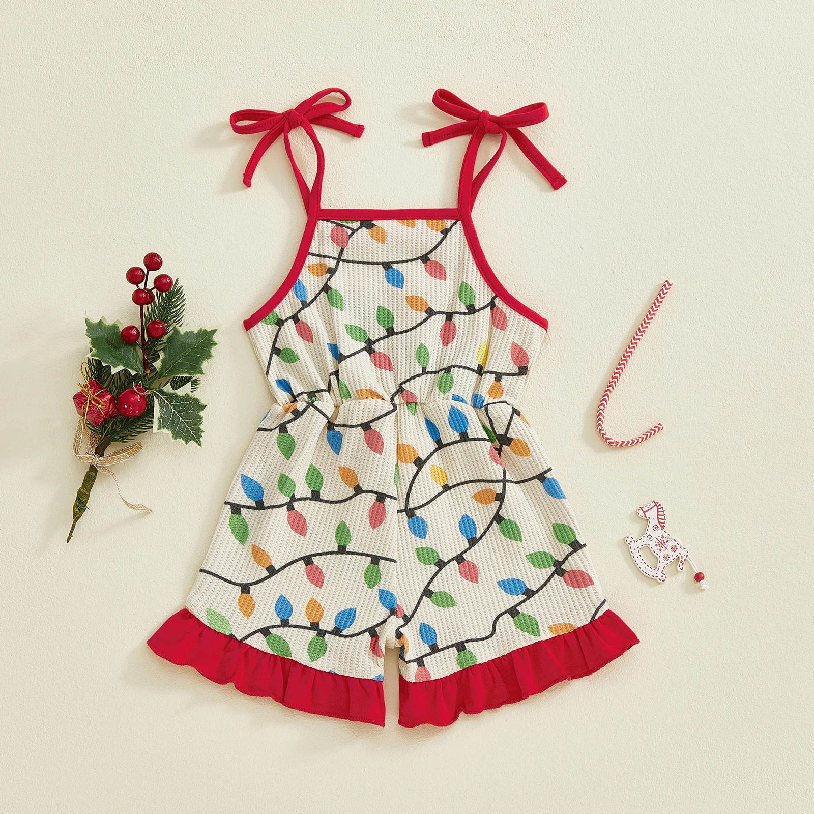 Salopette short de noël pour petites filles, lettres brodées, lumières imprimées, cravate sur les épaules, combinaison à volants