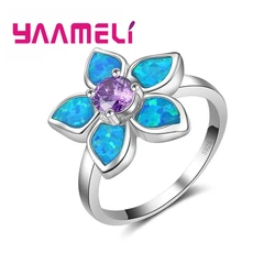 Winter Sale Purple and Blue Fire Opal Flower Ring Fashion Women Lady Best Gift Authentic 925 Silver Jewelry 925 Stamp Anillos