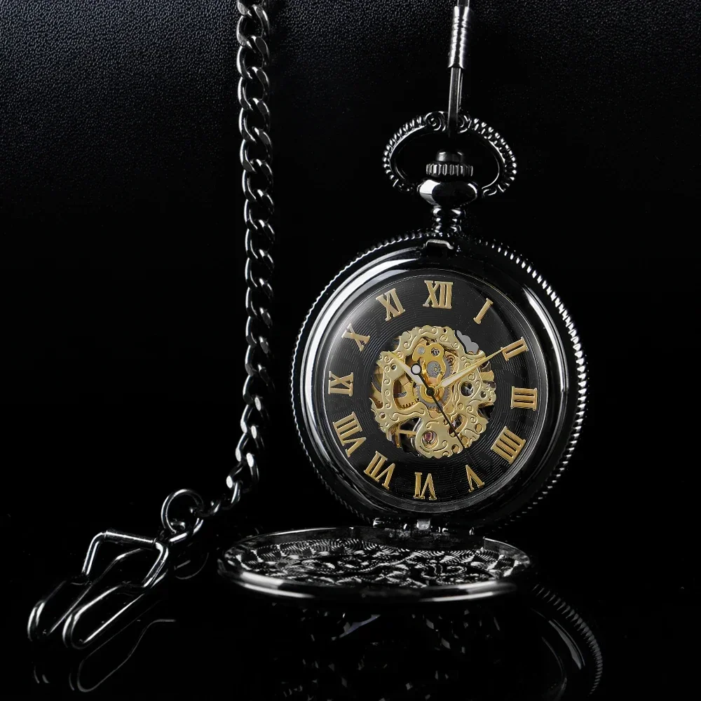 

All Black Hunter Retro Mechanical Pocket Watch Collection Hand Wind Casual Fashion Men Women Fob Chain Watches