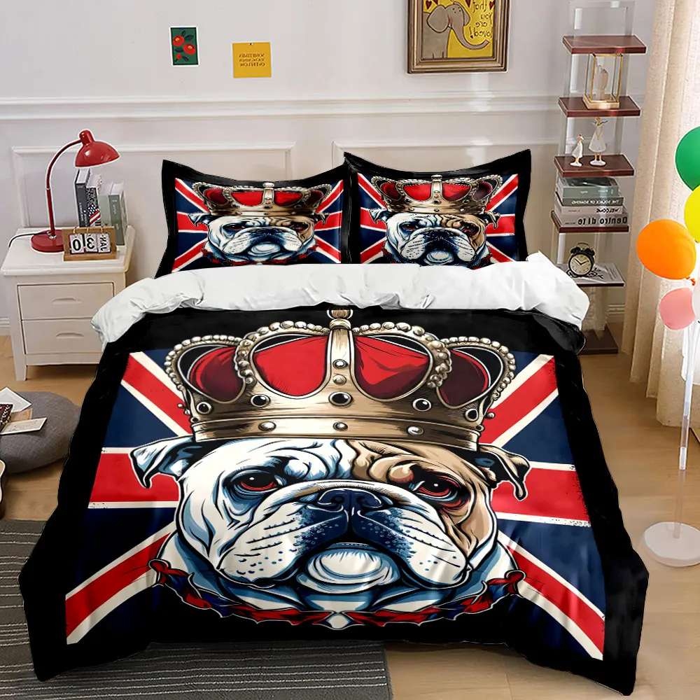 British bulldog with crown Pattern Duvet Cover Set Digital Print Colorful Polyester Bedding with Zipper Closur for kids gifts