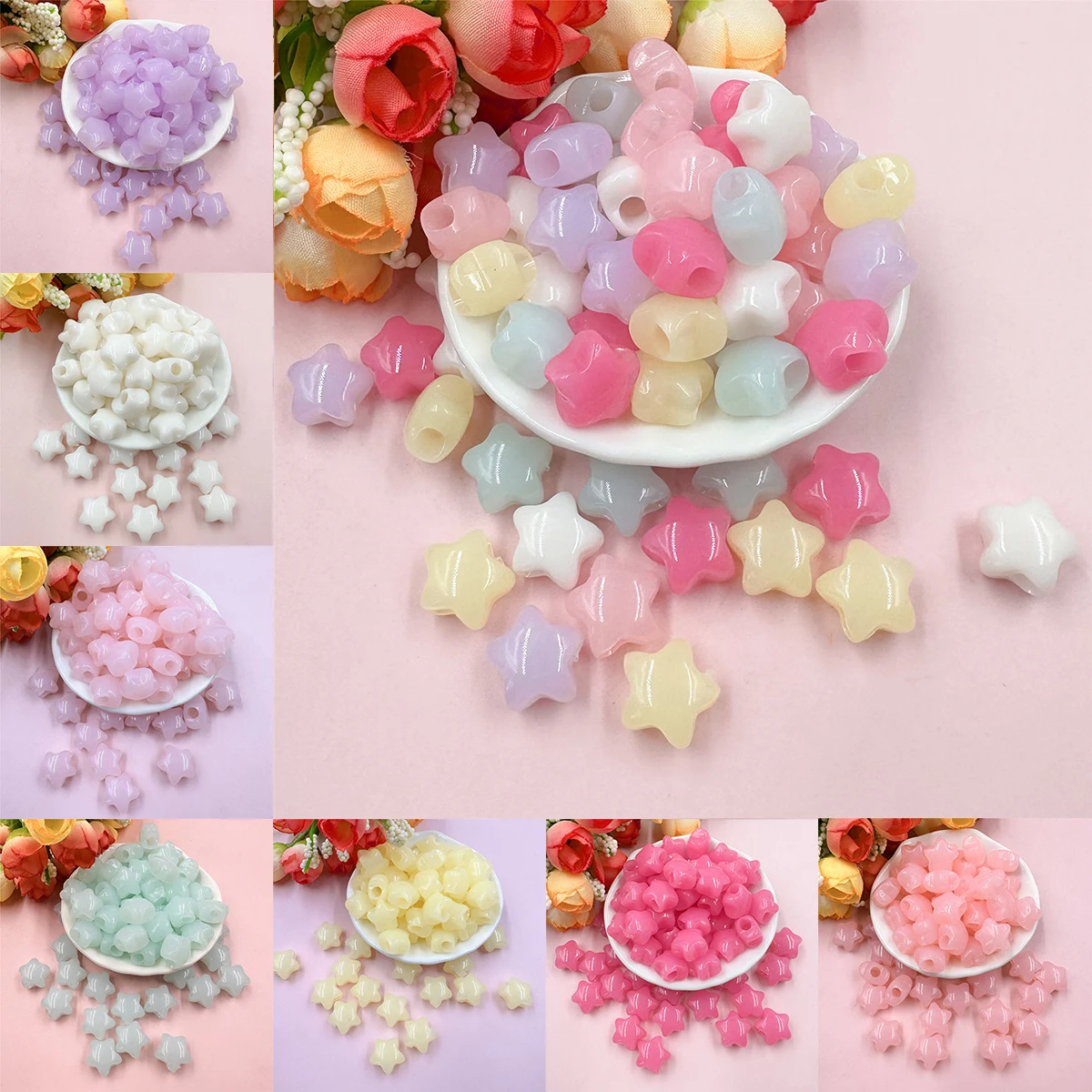 60Pcs/Lot Mixed Acrylic Pentagram Star Shaped Beads Jelly Color Beading Pendant For Jewellery DIY Bracelet Necklace Making