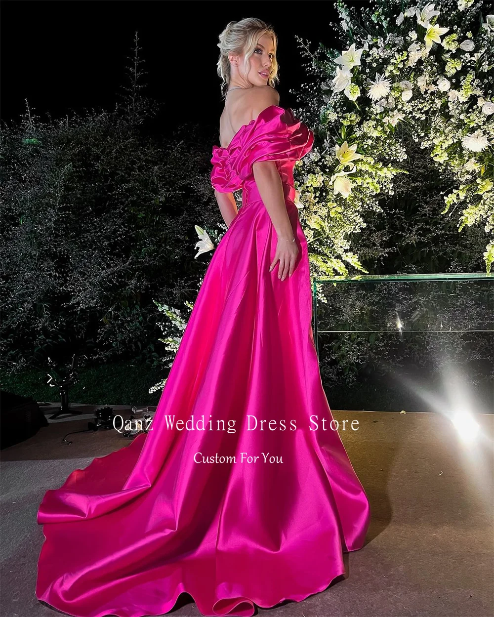 Qanz Women Long Fuchsia Prom Dresses Mermaid Off Shoulder Evening Party Gowns Celebrity Dress Satin Vestidos De Festa Customized