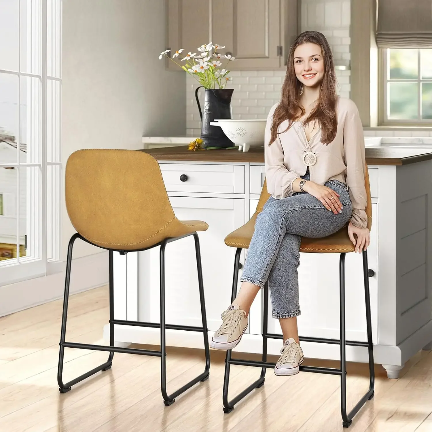 TAVR Counter Height Stools Set of 6, 24 inch Barstools Hold up to 500 lbs | Armless Faux Leather Bar Stools with Sturdy Alloy St