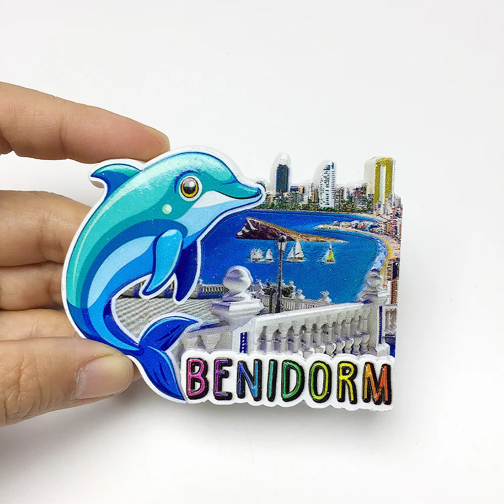 

3D Resin Fridge Magnet - Benidorm, Spain - Dolphin and Cityscape - Strong Magnetic Backing - Perfect Home Decor