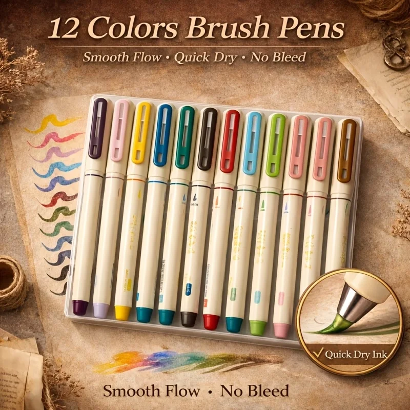 12-Color Soft Brush Tip Art Marker Pens with Elastic Tip & Water-Based Ink - Fine Point Suitable for Calligraphy, Coloring Books