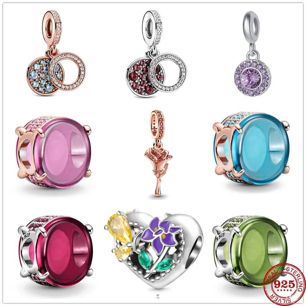 

925 Sterling silverSparkling colorful Oval Cabochon Zircon Rose Flower dangle fit Pandora charms silver 925 original bracelet