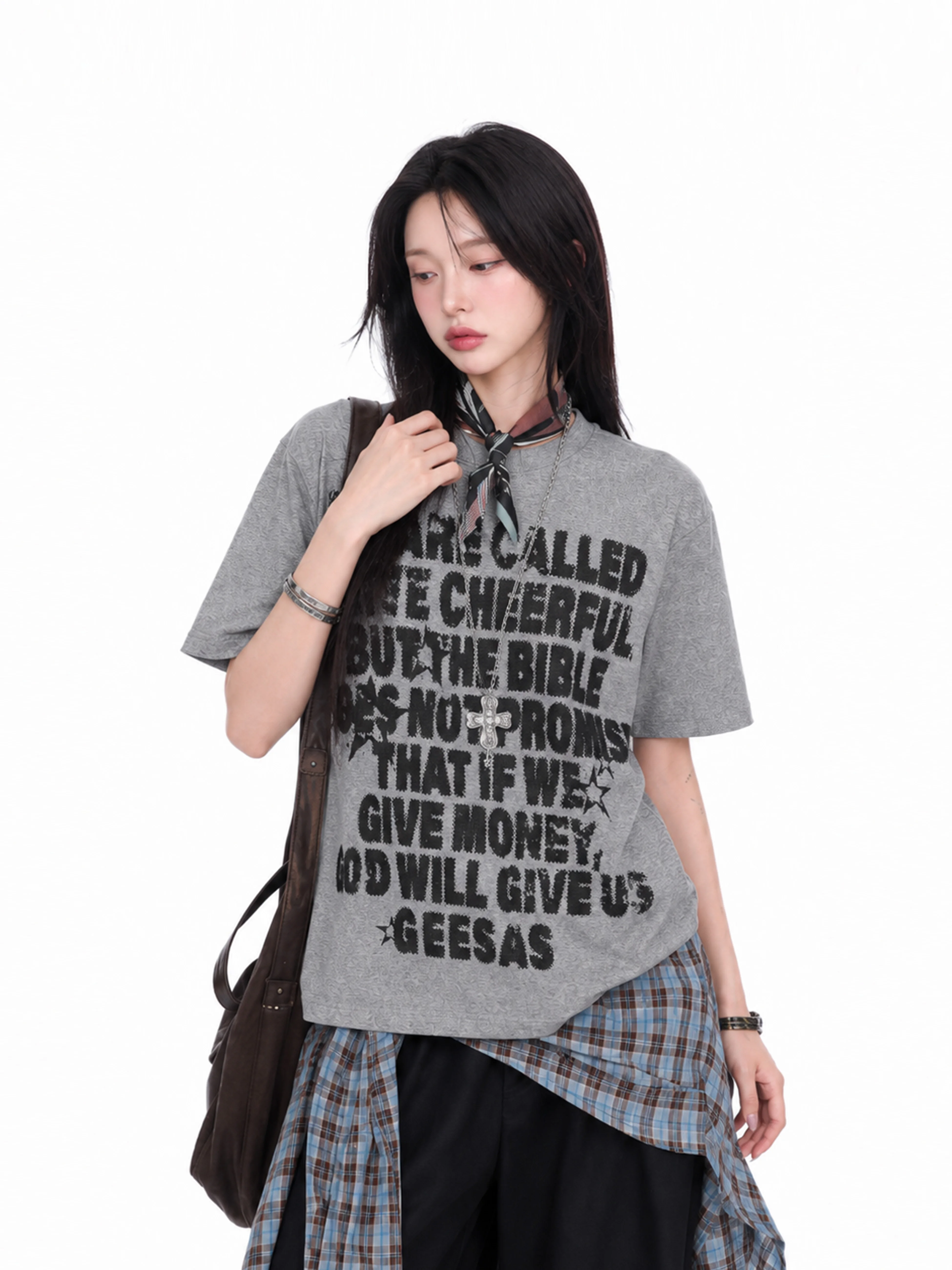 Street Style Letter Print Short Sleeve T-Shirt Women's Loose Versatile American Retro Neutral Top Small Ball Casual Cotton Tee