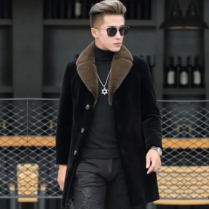 Winter New Mink Fleece Coat Imitation Fur Coat Men\'s Medium and Long Mink Coat Men\'s Suit Collar Thickened