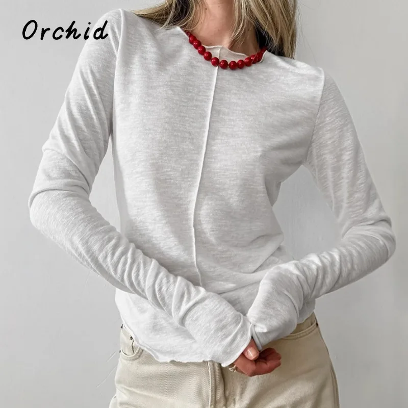 

Casual Fashion Style Sheath Round Neck White T-Shirts 2025 Summer Women's Solid Color Long Sleeve Thin Slim Fit Tees Tops