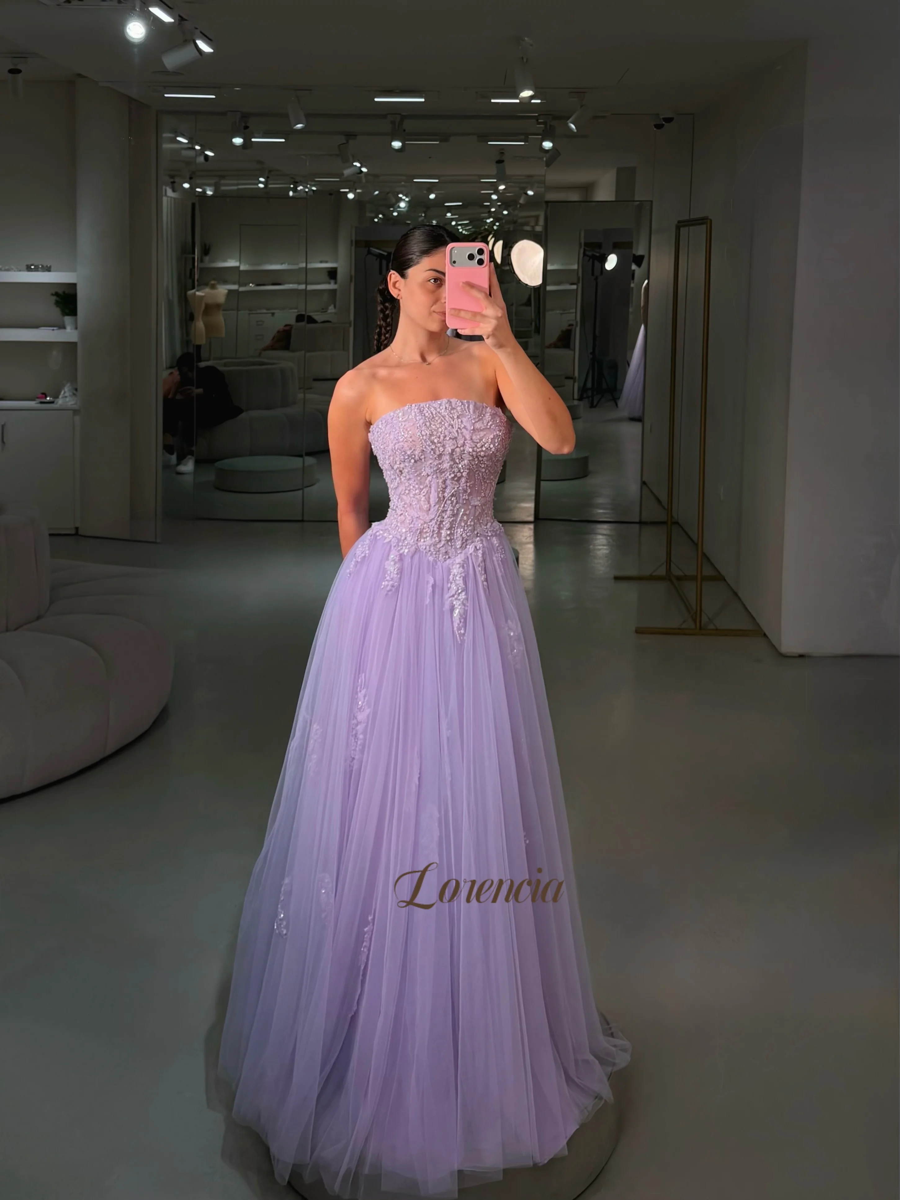 Lorencia Lavender Tulle Long Prom Dresses Strapless Appliqued Corset Basque Waist A-Line Wedding Party Dresses Customized image 4
