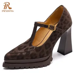 PRXDONG 2025 New Brand Shoes Woman Pumps CHunky High Heels Platform Black Brown T-strap Mary Janes Dress Party Female Shoes 39