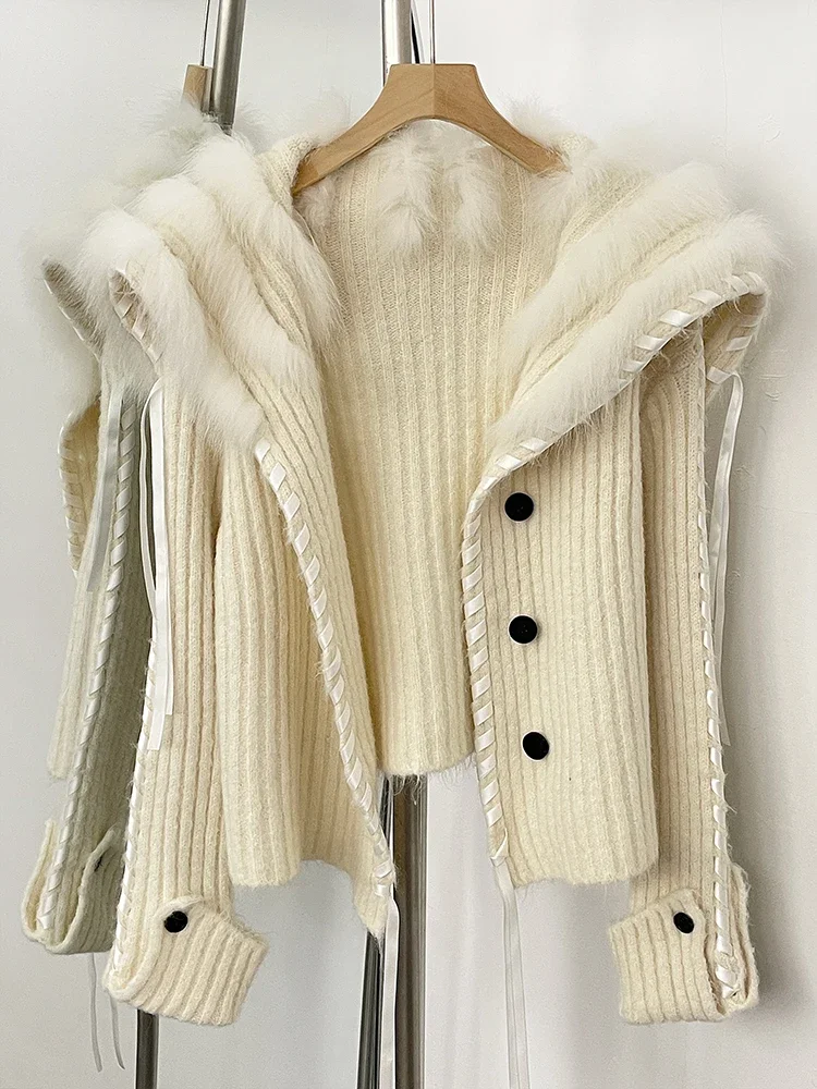 

Womens New Spring Autumn Top Cardigan Clothing Female Short Slim Real Fox Fur Knitted Sweater Women Real Fur Knittig Jacket Lady