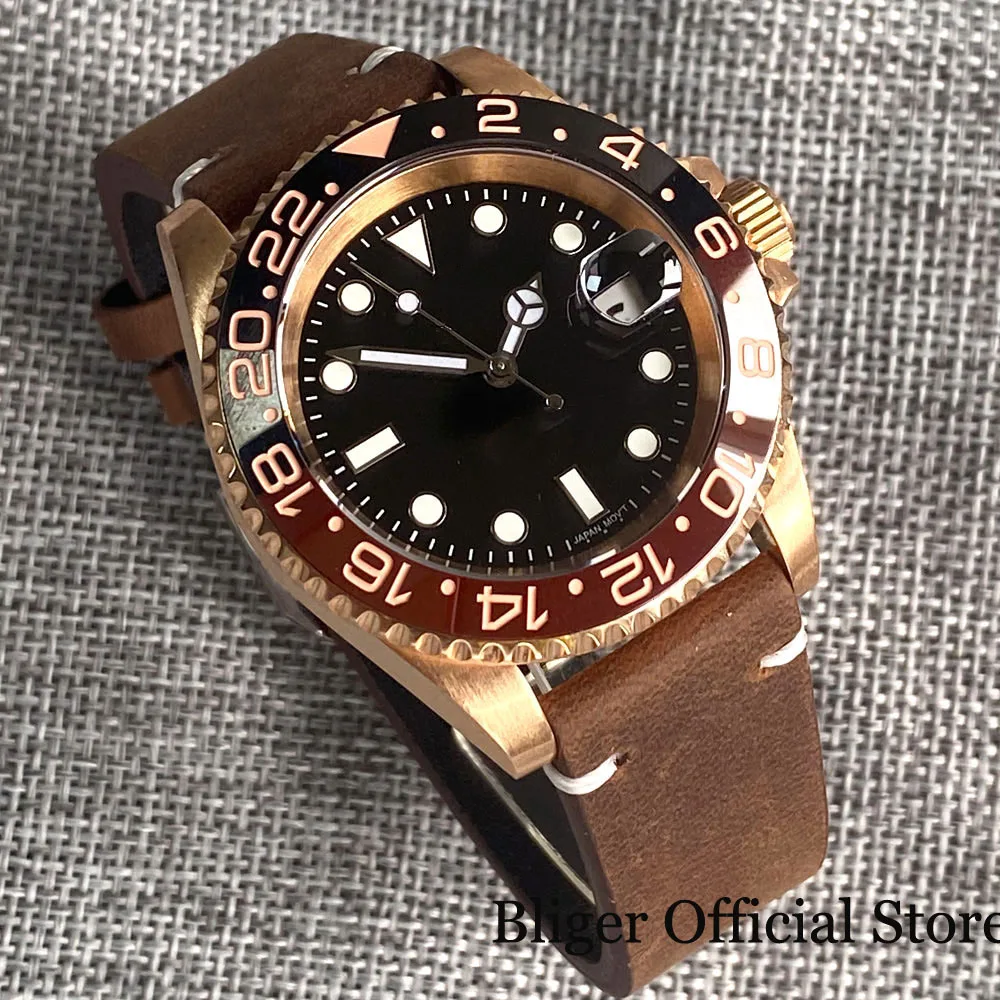 40mm Real Bronze Cusn8  NH35A Automatic Men Watch 200M Waterproof Root Beer Insert Leather Band 120 Clicks Bezel