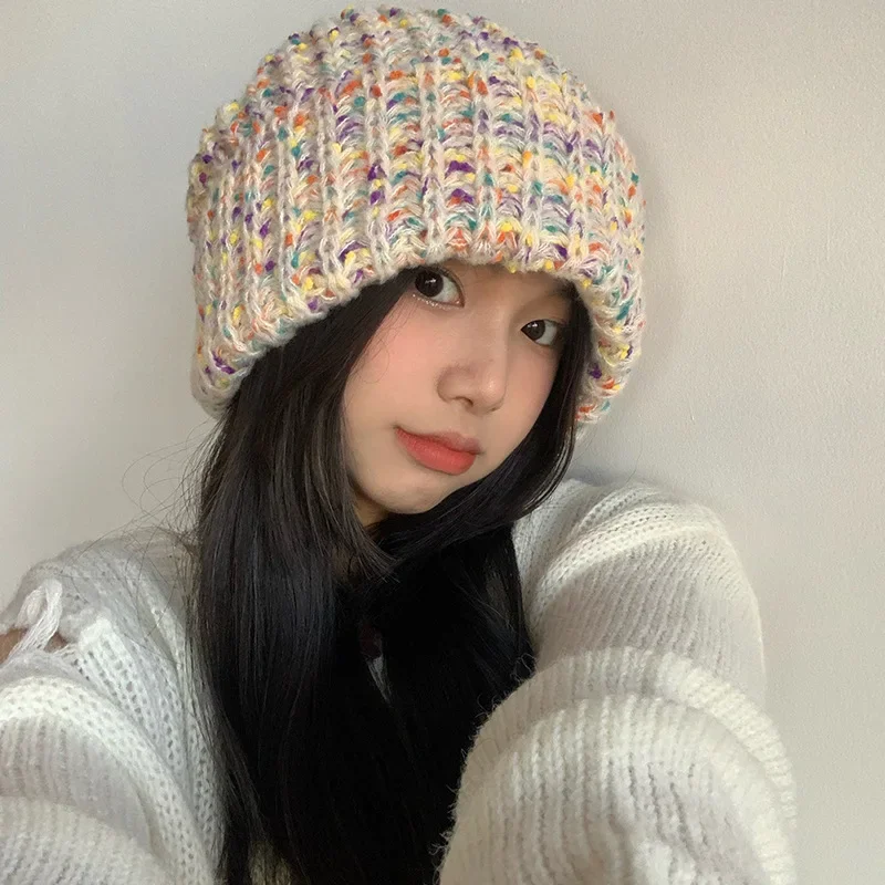 Korean Women\'s Big Head Loose Wool Hat Rainbow Colorful Mixed-color Knitted Cap Men Outdoor Casual Warm Skullies Beanie Hats