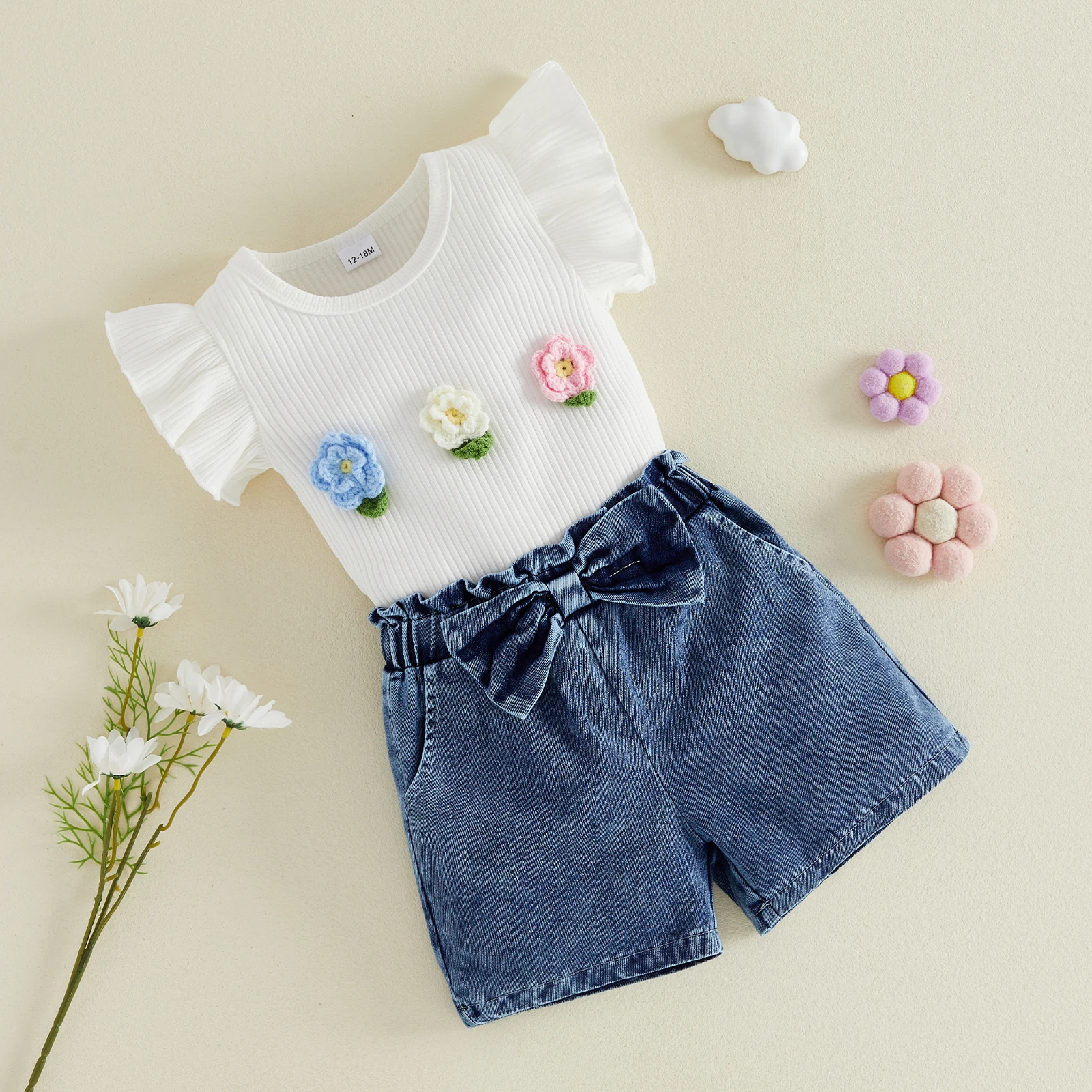 Girls Summer 2 Piece Outfits Short Sleeve O Neck 3D Flower Decor T shirt Tops Denim Shorts Children's Sets
