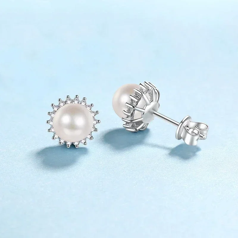 Stud Earrings Valentine's Day 0.21CT Moissanite Diamond 7mm Freshwater Pearl Women Wedding Platinum Pt950 Girl Birthday Gift