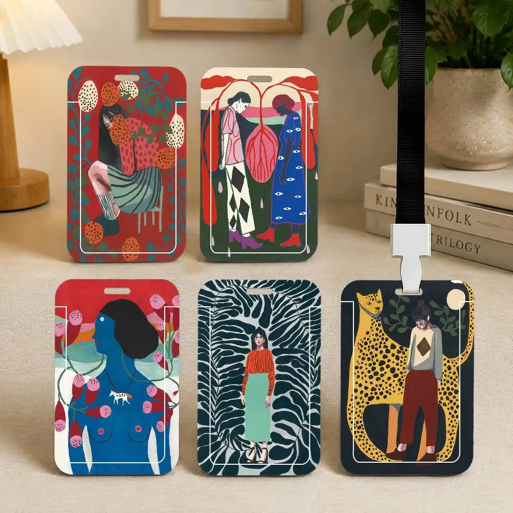 A-Abstract Girl Portrait Cat Fish Flower Rainbow Leopard Card Holder Cardcase Bus Subway Work Permit Student Lanyard Neck Straps