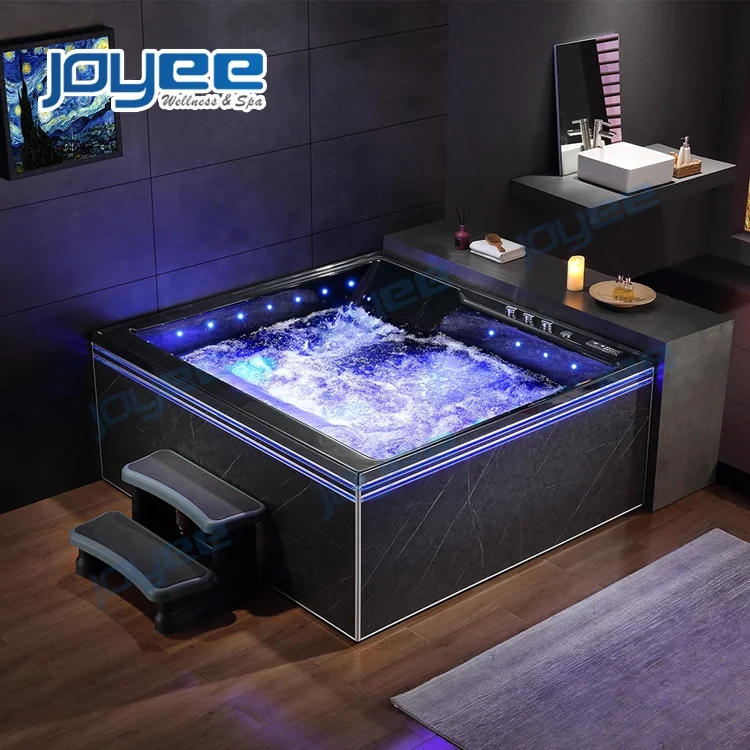 

JOYEE New Design Black Acrylic Massaging Bath Tub Whirlpools square Led Bathroom Indoor Jacuzi Bathtub Spa for 2 3 Person Sale