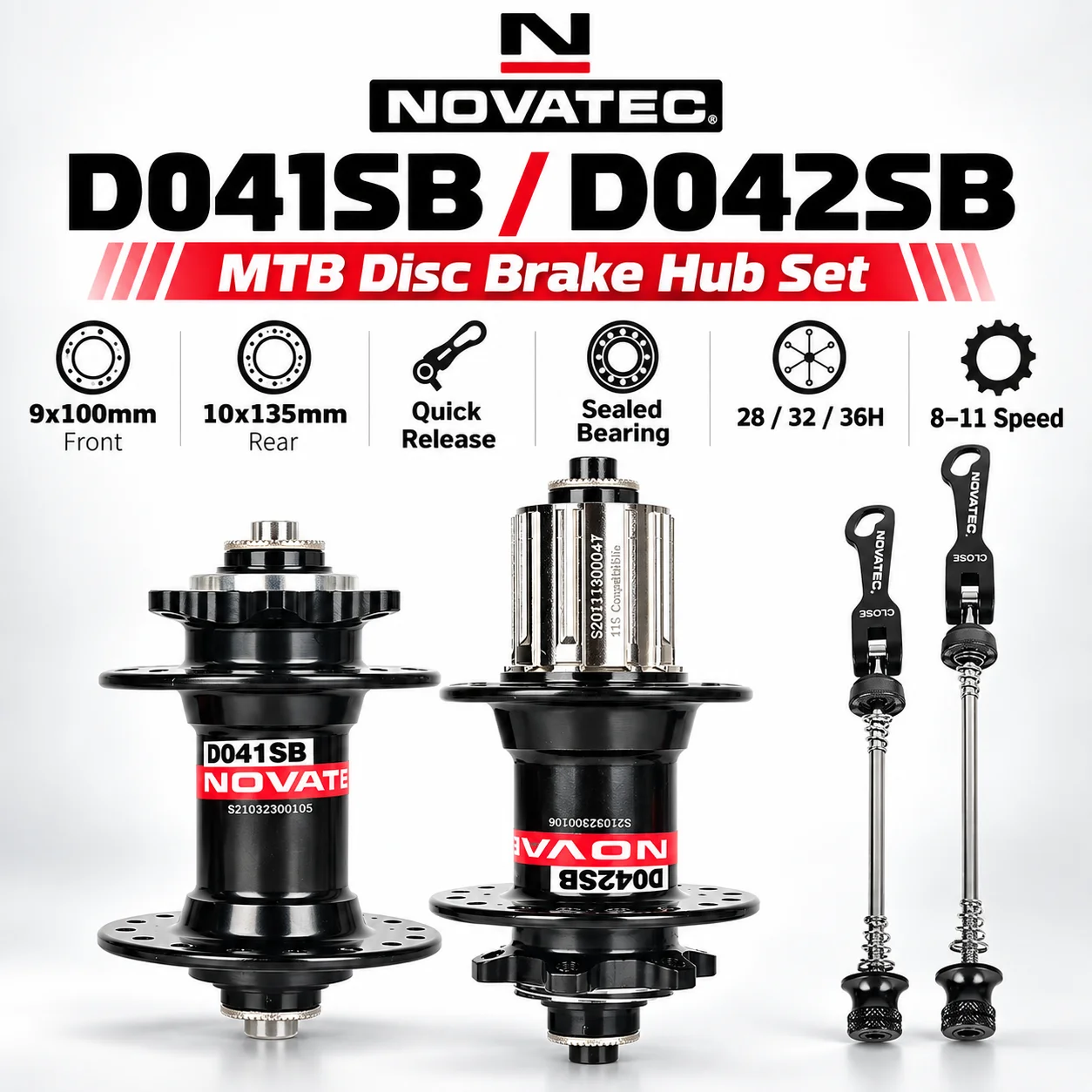 Novatec D041SB D042SB MTB Disc Brake Hub Set Front Rear 9x100 10x135mm QR Sealed Bearing Bicycle Hubs 28 32 36H 8-11 Speed