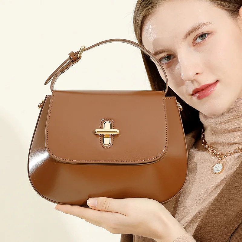 Korean style women's leather messenger bag light luxury niche high-end capsule chestnut cowhide women's bag