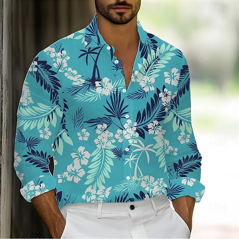 

Hawaiian Mens Tropical Floral Palm Shirt Spring Summer 3D Print Lapel Button Down Shirt Teal Light Blue Rose Red