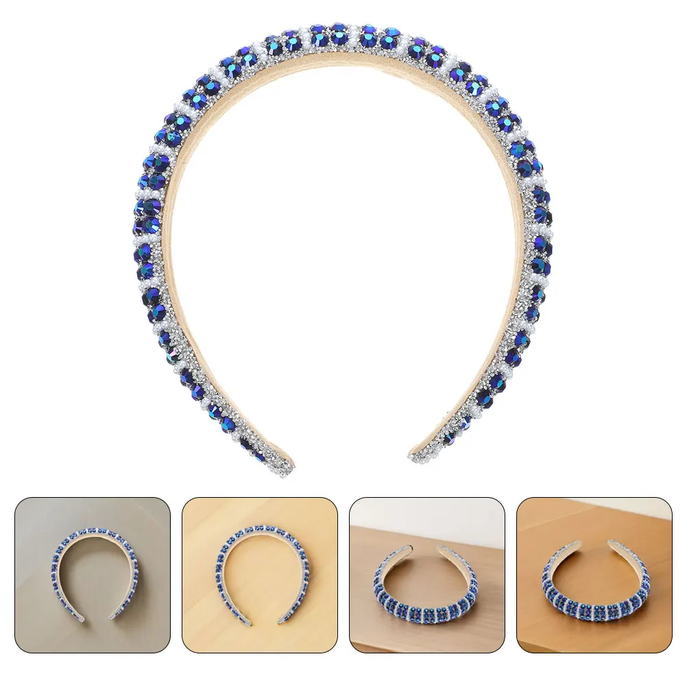 

Stylish Bling Headband For Women Baroque Rhinestone Non-Slip Sparkle Bridal Thick Padded Blue Crystal Hair Accessories Costume