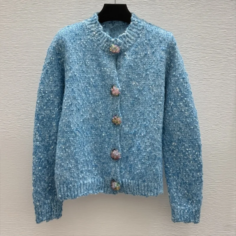 

Высококачественный женский вязаный свитер с блестящими ромбовидными пуговицами и воротником с рюшами и небольшим кардиганом с помпонами 251102162