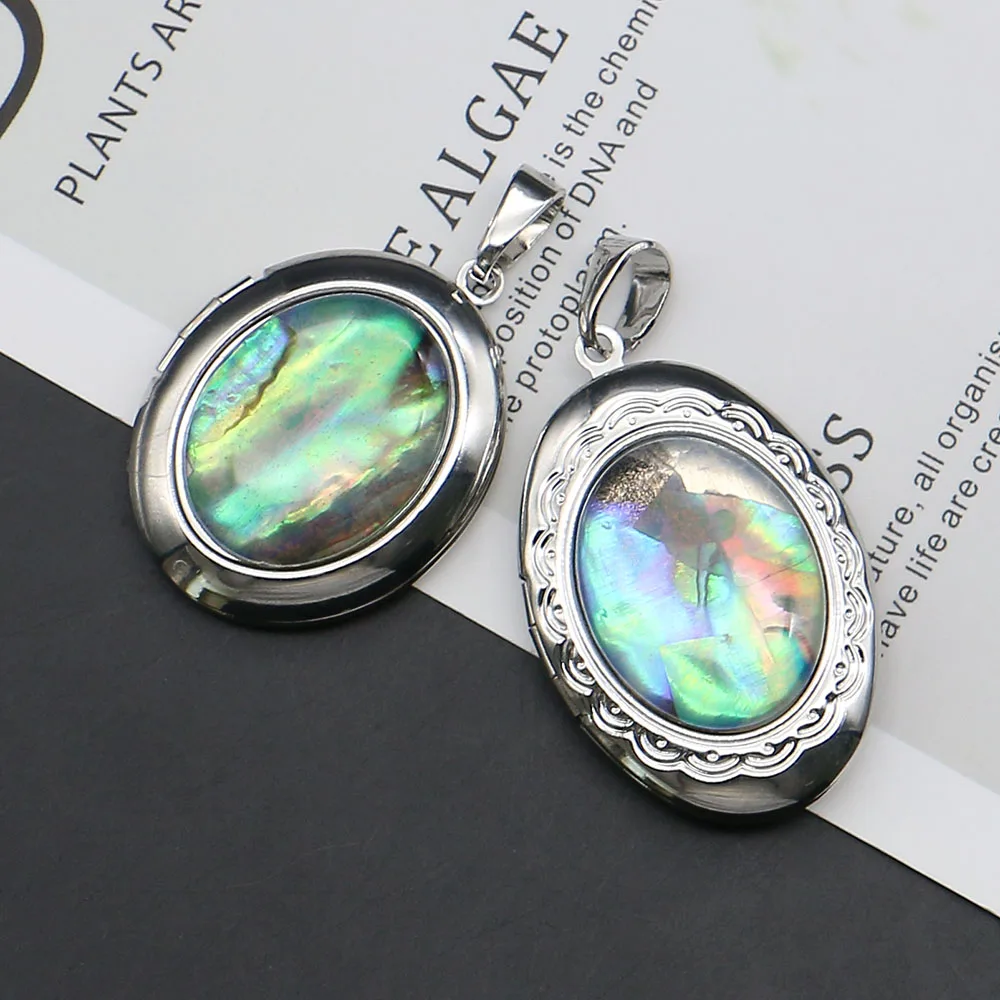 

Natural Colored Abalone Shell Oval Silver-Plated Copper Edged Printed Locket Pendant DIY Necklace Jewelry for Family Friends