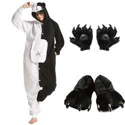 Monokuma Onesie Women Men Kigurumis Unicorn Animal Pajama Cartoon Slippers Festival Homewear Winter Warm Suit Button Overalls