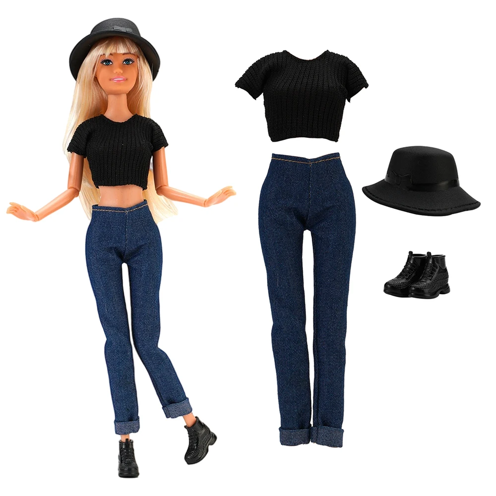 1 Set Black Clothes Set for Barbie Doll Outfit Fashion Clohthing Shirt+Trouseres +Shoes+Hat Clothing For 1/6 Doll Accessories