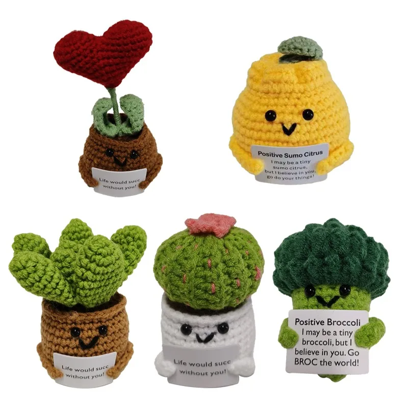 Positive Energy Vegetables Hug Pocket Mini Handmade Plush Wool Knitting Doll With Card Funny Christams Gift Home Room Decoration