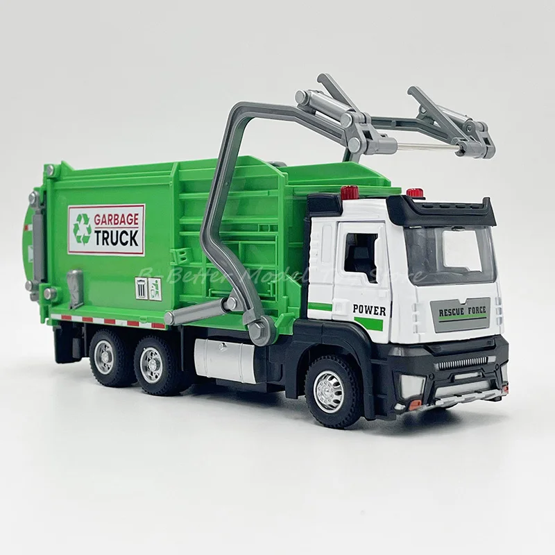 1:50 Diecast Metal Model Toy Sanitation Garbage Truck Miniature Replica Pull Back With Sound & Lights