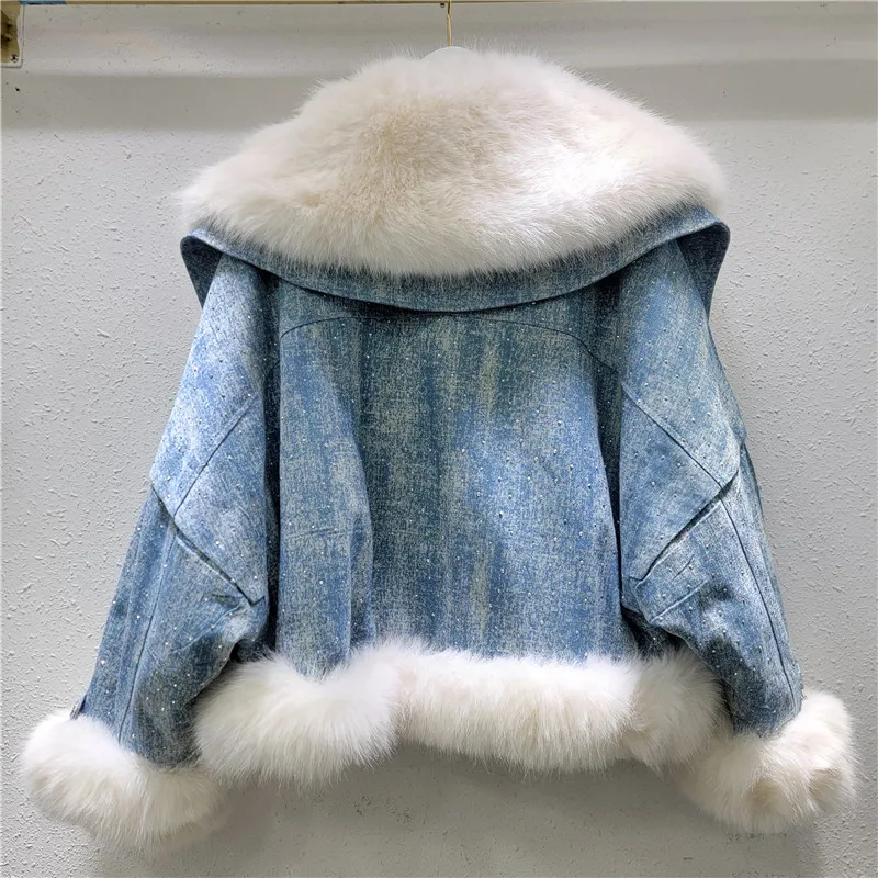 Winter High-Quality Faux Fox Fur Patchwork Cotton-Padded Coat Women Warm Parkas Hot Drilling Female Cotton Jacket Casual Fashion