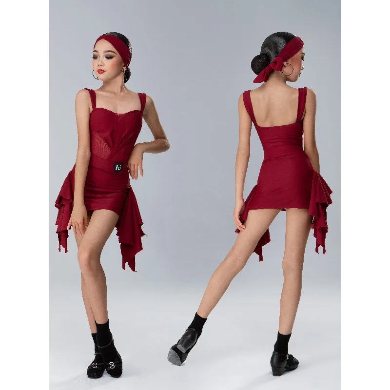

Customized Girls' Latin Dance Dress Practice Outfit Camisole Lotus Leaf Skirt Daily Practice Outfit