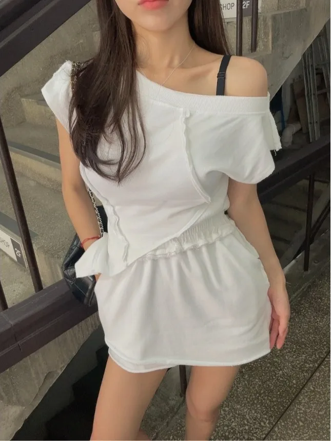 

East Gate Small Ins Pure Color Frayed Irregular Top plus Skirt Pants Set Women's Faion Set Summer No Brand Registered ...