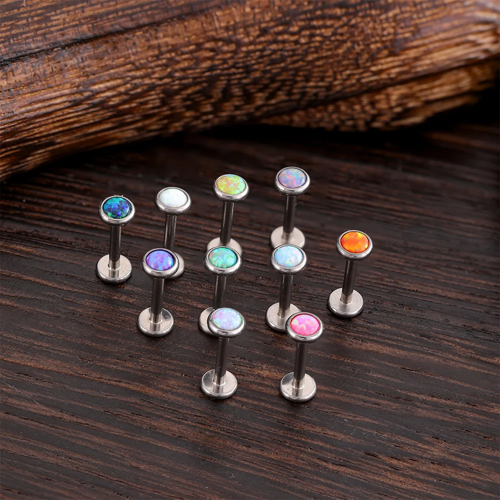 G23 Titanium Nose PIERC Conch Cartilage Push Pin insertion Ear Studs Labret Flat Back Opal Lip Studs Fashion Piercing Jewelry