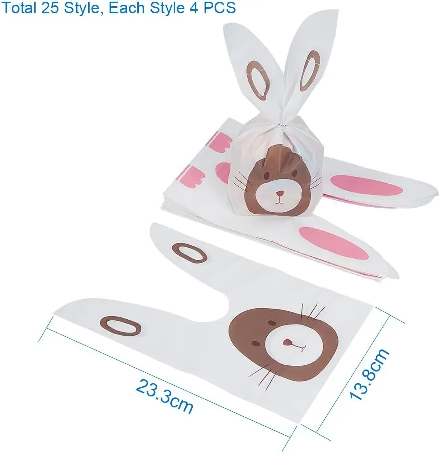 100Pcs Rabbit Ear Bag 25Styles Candy Dessert Biscuits Cookies Bakery Cakes Plastic Gift Bags With Cute Bunny Ear Treat Bag