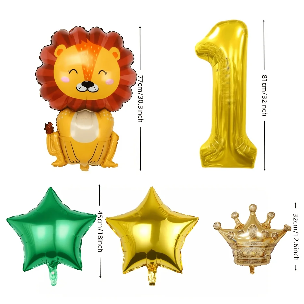 6pcs Lion King Number Balloon Set, Crown Lion Gold Green Star Foil Balloons for Lion King Theme Birthday, Jungle Safari Party, B - view 3