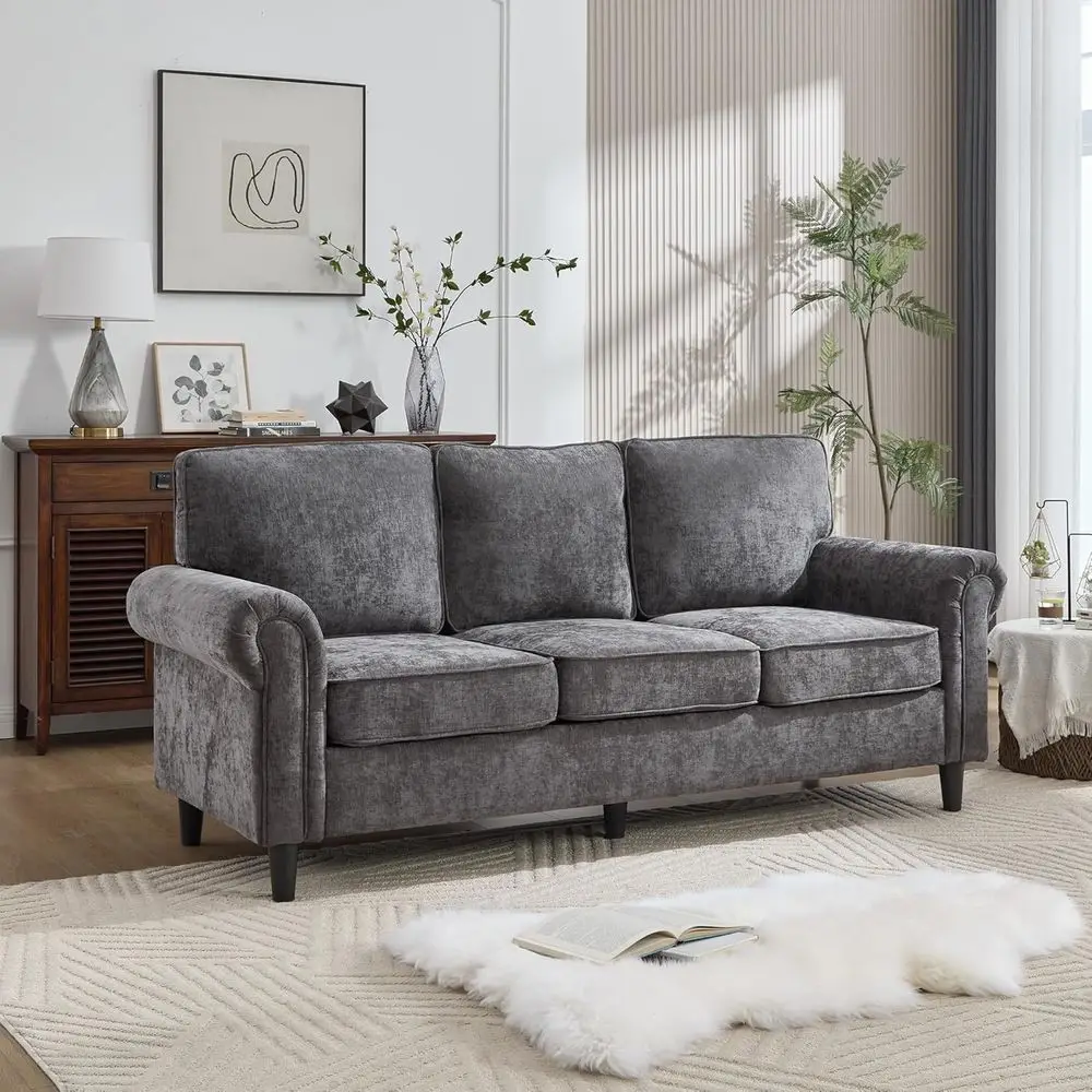 

3 Seater Gray Couch with Rolled Arms, Deep Seats for Living Room, Comfortable and Easy Assembly