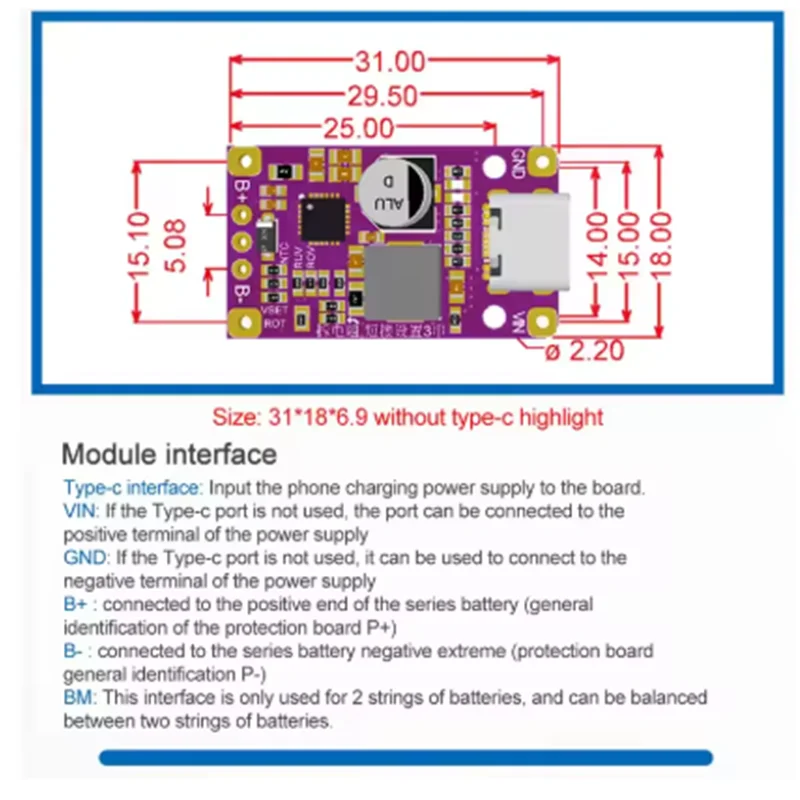 Type-C USB 2/3S BMS 15 واط 8.4 فولت 12.6 فولت 1.5A بطارية ليثيوم شحن دفعة وحدة مع دعم متوازن شحن سريع مع المؤشر