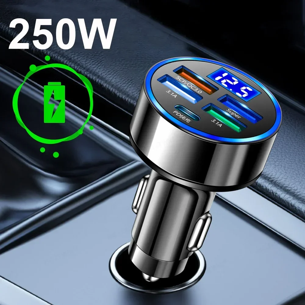 5 Ports LED Car Charger 250W Fast Charging Adapter Type C PD Mini Car Phone Charger for Iphone Samsung Huawei Xiaomi