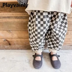 Korean Style Spring Girls Boys Checkered Harem Pants Elastic Waist Loose Wide Leg Jogger Pants Casual Children Clothes E122018