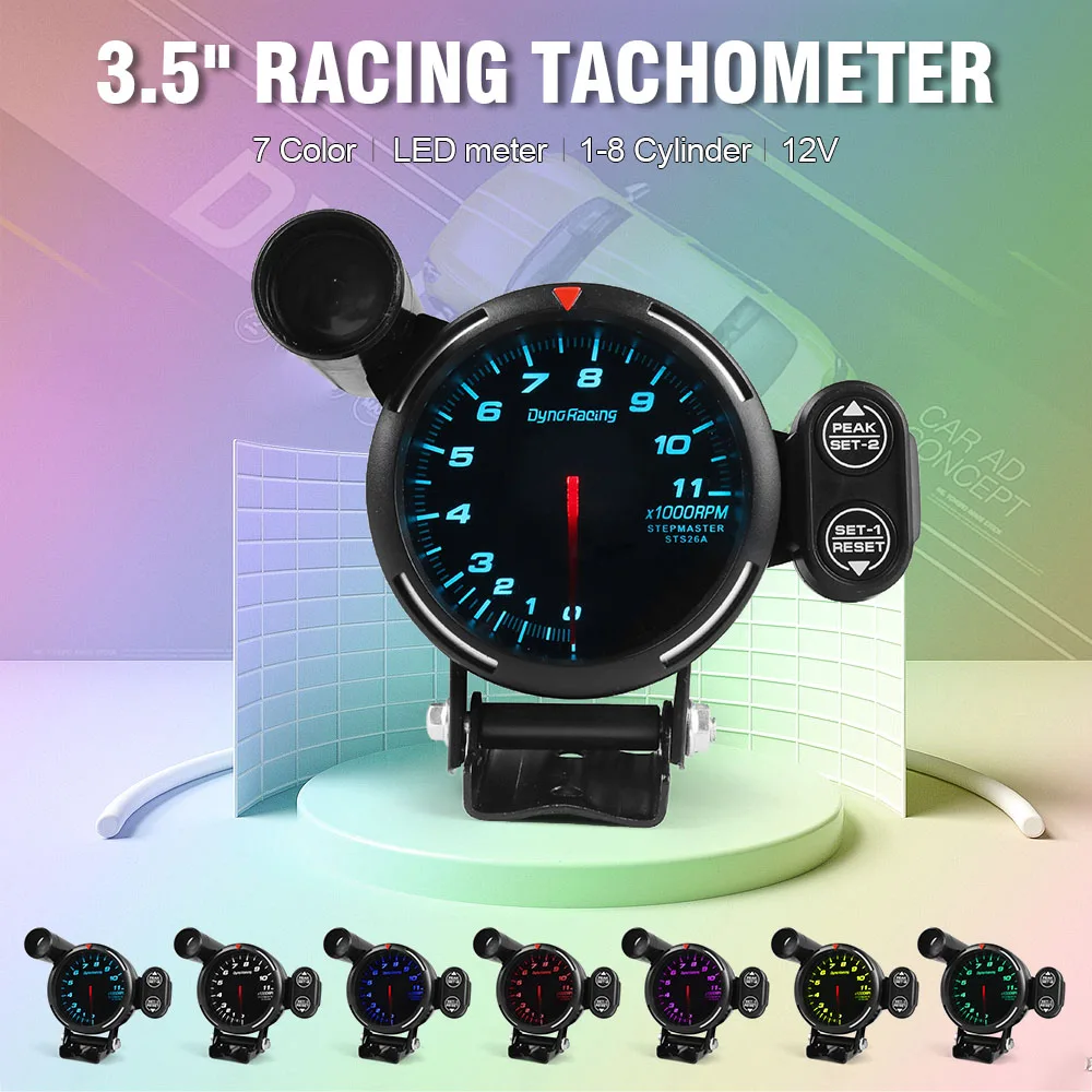 Dynoracing 80MM Tachometer RPM Gauge High Speed stepper motor 7 Colors 0-11000  RPM Meter With Shift Light and Peak warning
