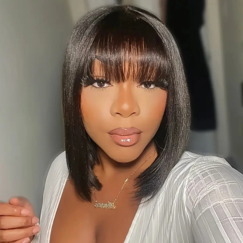 

HAIRTIME Glueless Straight Short Bob Glueless Wig with Bangs HD Lace 180% Density Glueless HD Lace Bob With Bang Glueless Wigs
